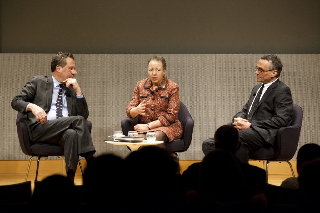 Anthony Marx, Beverly Daniel Tatum '75 and Michael Roth at the New York Public Library